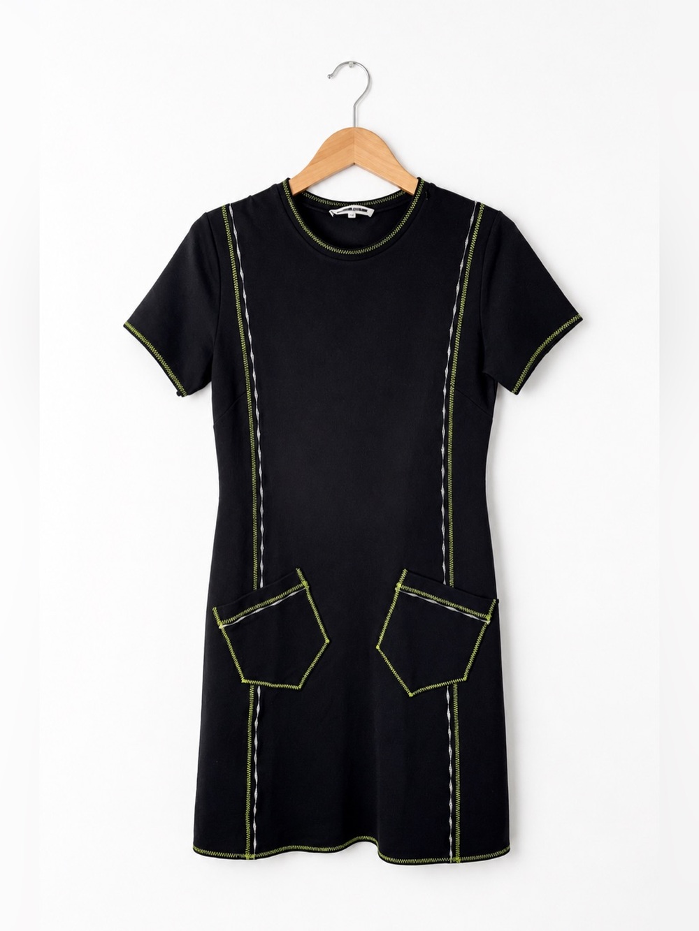 McQ by Alexander McQueen Black Midi Dress with Lime Green Topstitching XS Luxe